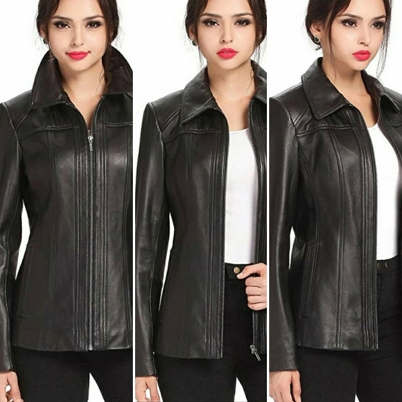 WILSON Leather Collar Black Jacket Zip Front Fitted Lined Scuba Buttery Medium - Picture 1 of 14